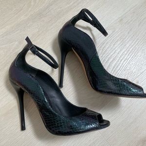 Brian Atwood iridescent snake skin ankle strap peep toe high heels with dust bag